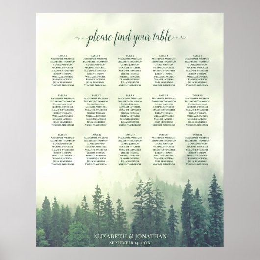 Foggy Green Pines 15 Table Wedding Seating Chart Poster (Voorkant)