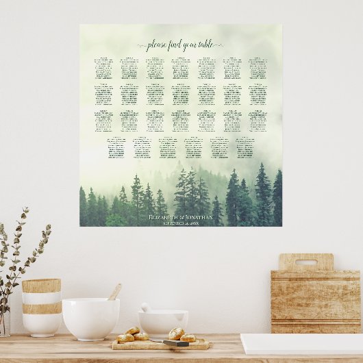 Foggy Green Pines 27 Table Wedding Seating Chart Poster (Keuken)