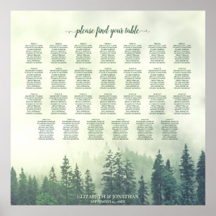 Foggy Green Pines 27 Table Wedding Seating Chart Poster