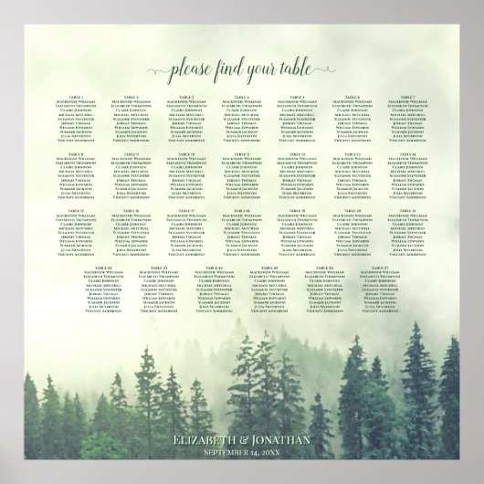 Foggy Green Pines 27 Table Wedding Seating Chart Poster (Voorkant)