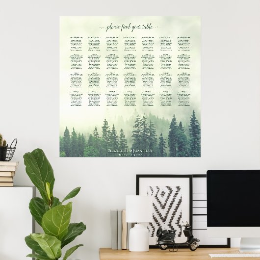Foggy Green Pines 28 Table Wedding Seating Chart Poster (Thuiskantoor)