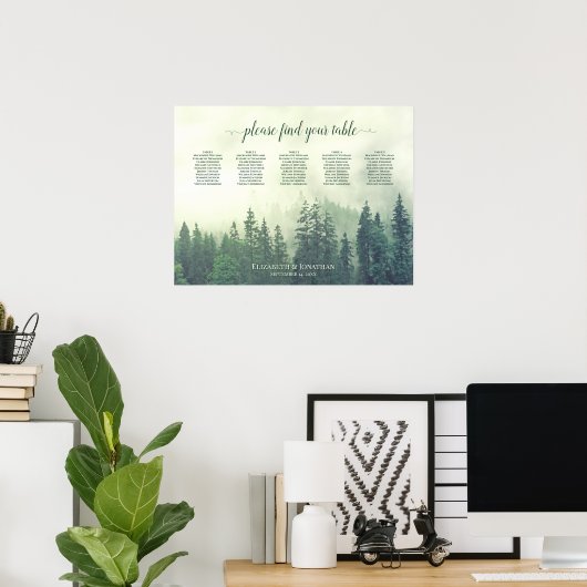 Foggy Green Pines 5 Table Wedding Seding Chart Poster (Thuiskantoor)