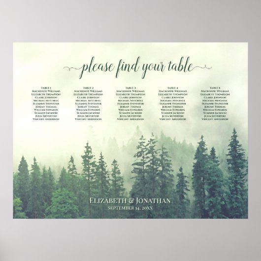 Foggy Green Pines 5 Table Wedding Seding Chart Poster (Voorkant)