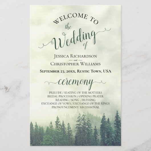 Foggy Green Pines Budget Wedding Programme (Voorkant)