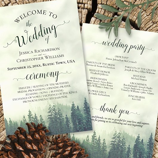 Foggy Green Pines Budget Wedding Programme