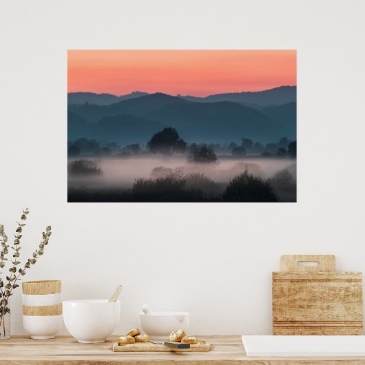 Foggy-landschap bij zonsondergang poster (Keuken)