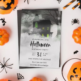 Foggy Mansion Halloween Birthday Party Invitation Kaart