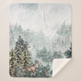 Foggy Mountain Snowy Winter Woodland Deer Sherpa Deken