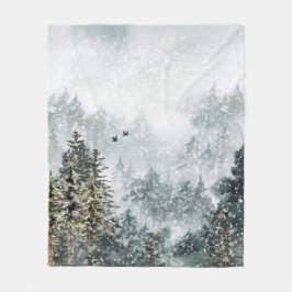 Foggy Mountain Snowy Winter Woodland Ravens Fleece Deken