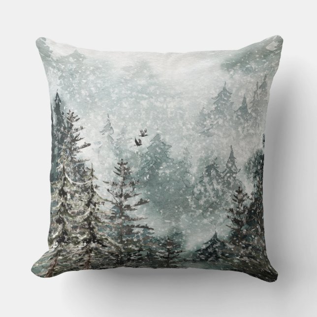 Foggy Mountain Snowy Woodland Forest Ravens Accent Kussen (Voorkant)