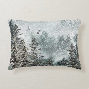 Foggy Mountain Snowy Woodland Forest Ravens Accent Kussen
