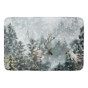 Foggy Mountain Snowy Woodland Stag Deer Badmat