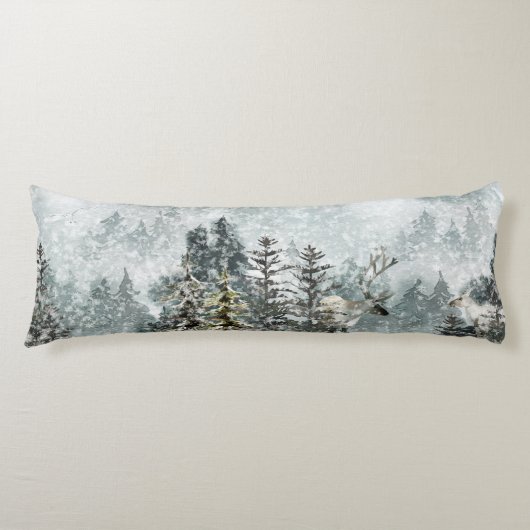 Foggy Mountain Snowy Woodland Stag Deer Lichaamskussen (Voorkant)