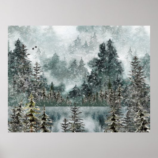 Foggy Mountain Woodland Bevroren Lake Poster (Voorkant)