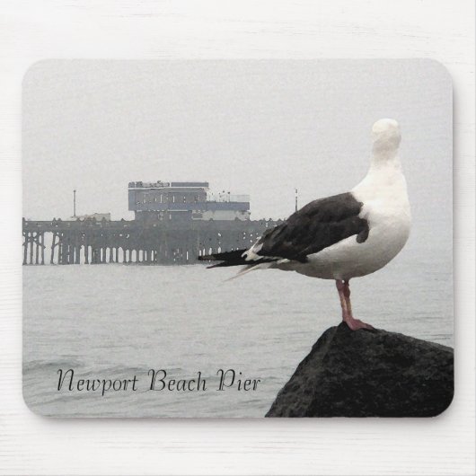 Foggy Newport Pier & Seagull Waterverf Mousepad Muismat (Voorkant)