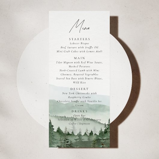 Foggy Pine Tree Mountain Wedding Menu Card Kaart
