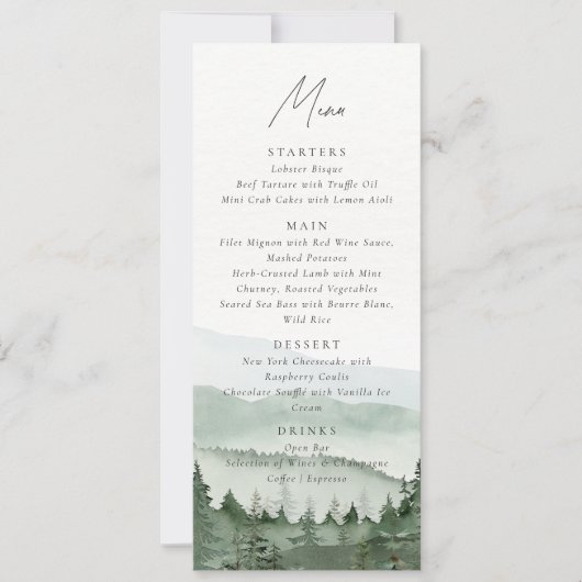 Foggy Pine Tree Mountain Wedding Menu Card Kaart (Voorkant)