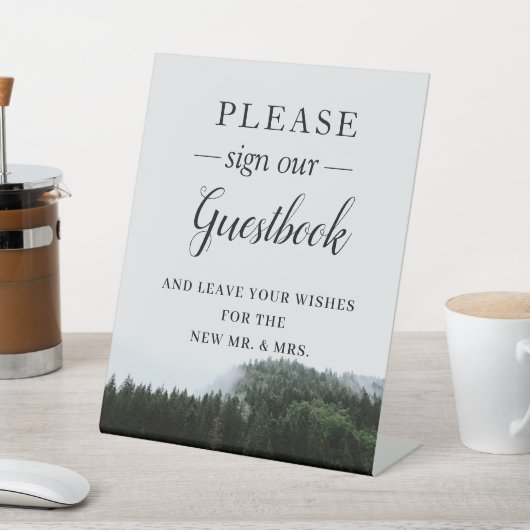 Foggy Pine Trees Rain Forest Wedding Guestbook  Reclamebord Met Voetstuk (Insitu)