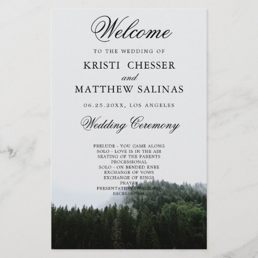 Foggy Pine Trees Rain Forest Wedding Program Kaart (Voorkant)