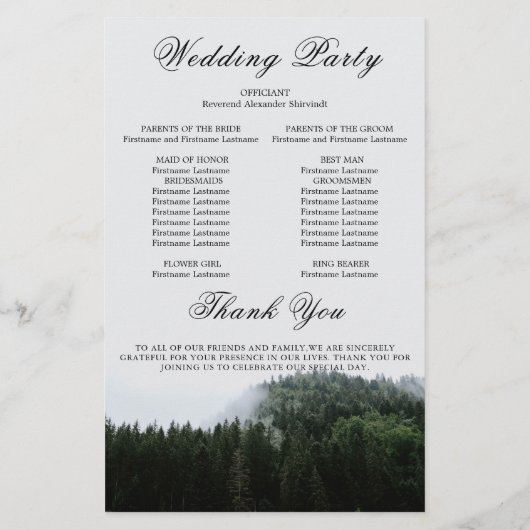 Foggy Pine Trees Rain Forest Wedding Program Kaart (Achterkant)