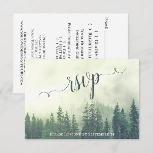 Foggy Pines Rustic Green Forest Outdoor Wedding RSVP Kaartje