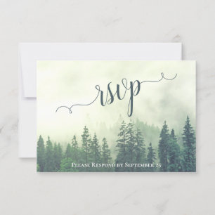 Foggy Pines Rustic Green Forest Outdoor Wedding RSVP Kaartje