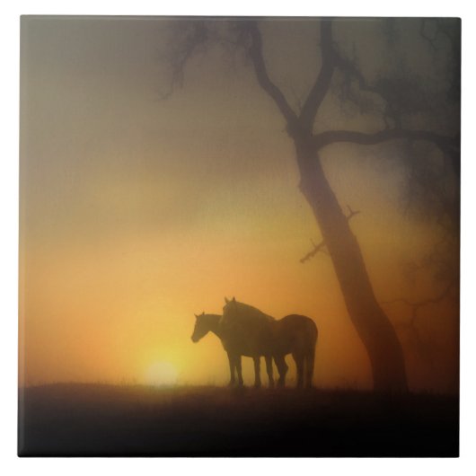 Foggy Sunrise Horses en Oaktree Tegeltje (Voorkant)