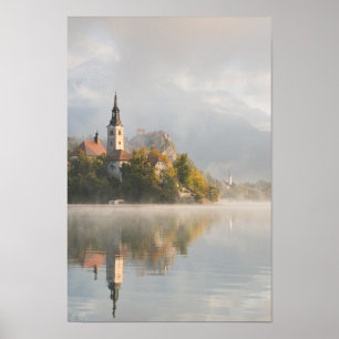 Foggy sunrise Lake Bled vertical poster