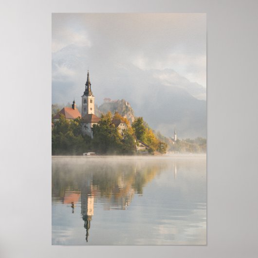 Foggy sunrise Lake Bled vertical poster (Voorkant)