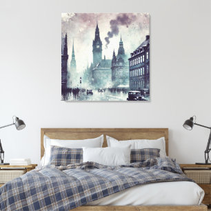 Foggy Urban Scene Building, Kathedraal, Vintage Ca Canvas Afdruk