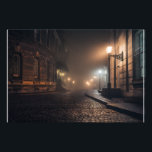 Foggy Victorian Cobblestone Alley Glow Foto Afdruk<br><div class="desc">Thick fog envelops a narrow Victorian cobblestone alley lit by warm amber street lamps mounted on elegant wrought-iron brackets. Tall Georgian brick buildings with tall windows rise on both sides, their details softened by the mist that turns every light into a glowing halo. The curving lane fades into impenetrable darkness,...</div>