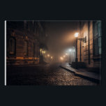 Foggy Victorian Cobblestone Alley Glow Perfect Poster<br><div class="desc">Thick fog envelops a narrow Victorian cobblestone alley lit by warm amber street lamps mounted on elegant wrought-iron brackets. Tall Georgian brick buildings with tall windows rise on both sides, their details softened by the mist that turns every light into a glowing halo. The curving lane fades into impenetrable darkness,...</div>