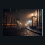 Foggy Victorian Cobblestone Alley Glow Poster<br><div class="desc">Thick fog envelops a narrow Victorian cobblestone alley lit by warm amber street lamps mounted on elegant wrought-iron brackets. Tall Georgian brick buildings with tall windows rise on both sides, their details softened by the mist that turns every light into a glowing halo. The curving lane fades into impenetrable darkness,...</div>