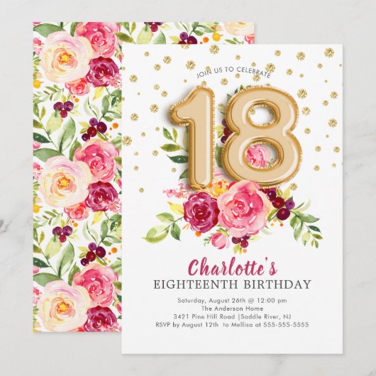 Foil Balloon Floral 18th Birthday Invitation Kaart (Voorkant / Achterkant)