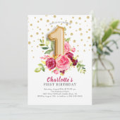 Foil Balloon Floral 1st Birthday Invitation Kaart (Staand voorkant)