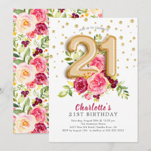 Foil Balloon Floral 21ST Birthday Invitation Kaart