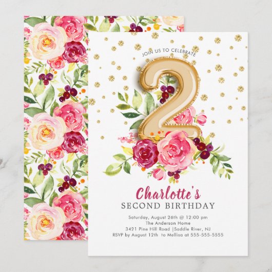 Foil Balloon Floral 2e verjaardag Uitnodiging (Voorkant / Achterkant)