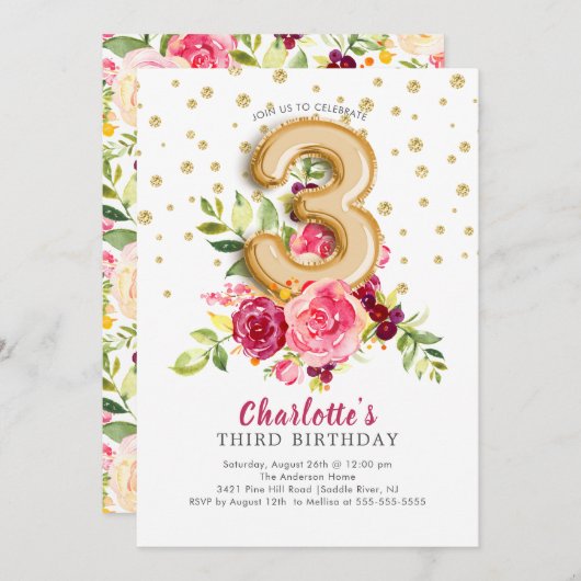 Foil Balloon Floral 3rd Birthday Invitation Kaart (Voorkant / Achterkant)