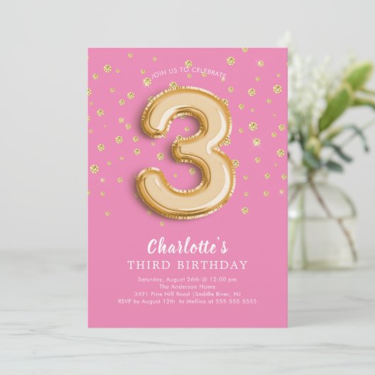 Foil Balloon Floral 3RD Birthday Invitation Kaart (Staand voorkant)