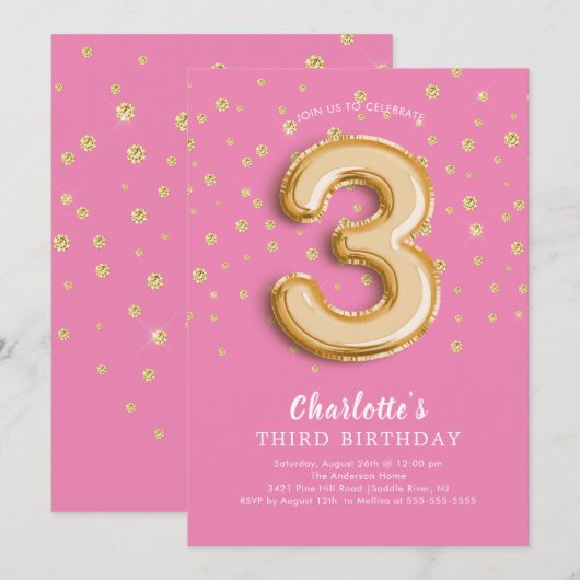 Foil Balloon Floral 3RD Birthday Invitation Kaart (Voorkant / Achterkant)