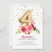 Foil Balloon Floral 4th Birthday Invitation Kaart (Voorkant)