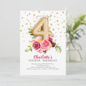 Foil Balloon Floral 4th Birthday Invitation Kaart (Staand voorkant)