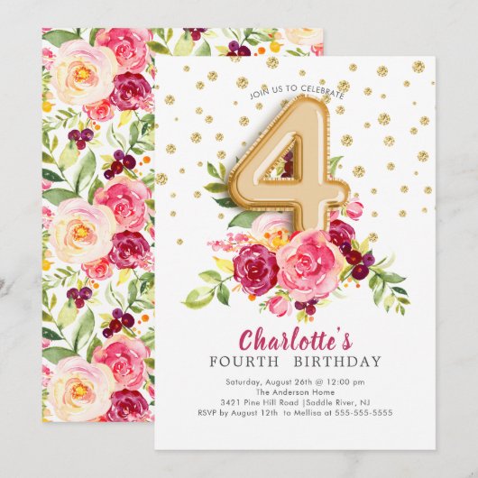 Foil Balloon Floral 4th Birthday Invitation Kaart (Voorkant / Achterkant)