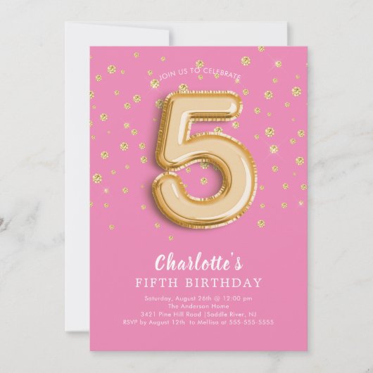 Foil Balloon Floral 5th Birthday Invitation Kaart (Voorkant)