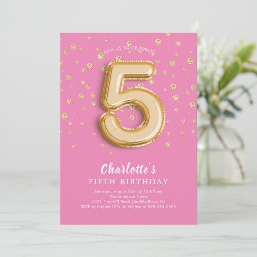 Foil Balloon Floral 5th Birthday Invitation Kaart (Staand voorkant)