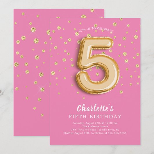 Foil Balloon Floral 5th Birthday Invitation Kaart (Voorkant / Achterkant)