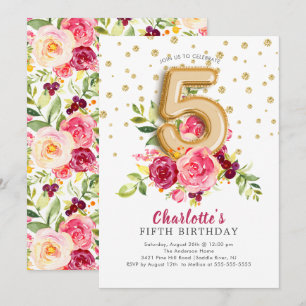 Foil Balloon Floral 5th Birthday Invitation Kaart