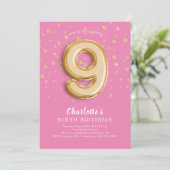 Foil Balloon Floral 9th Birthday Invitation Kaart (Staand voorkant)