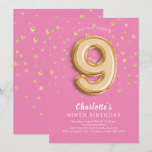 Foil Balloon Floral 9th Birthday Invitation Kaart