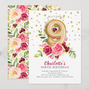 Foil Balloon Floral 9th Birthday Invitation Kaart